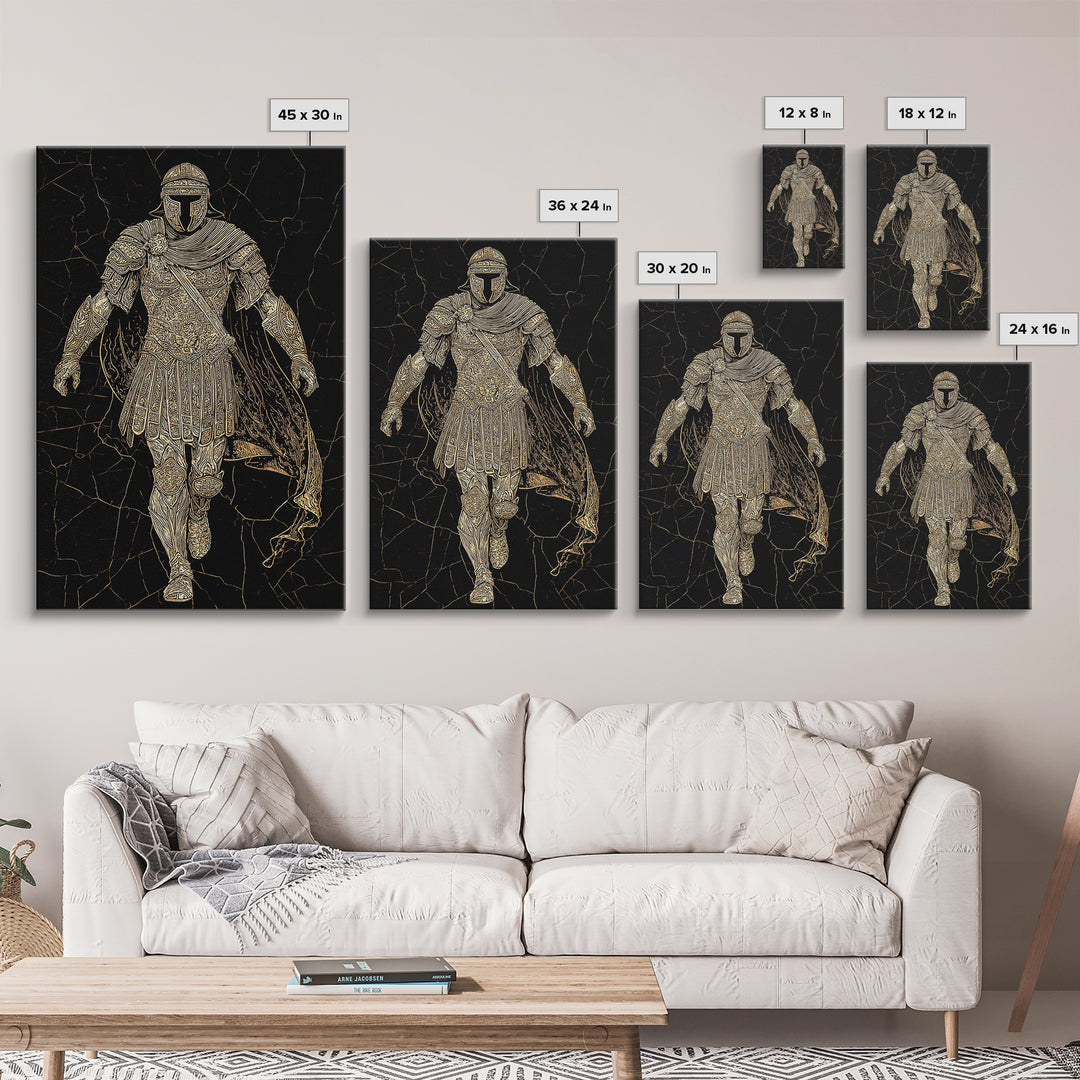 Heroic Roman Canvas Gold Canvas Print, Ancient Warrior Wall Art, Luxury Mythology Decor, Historical Emperor Artwork, Real Wood Frame