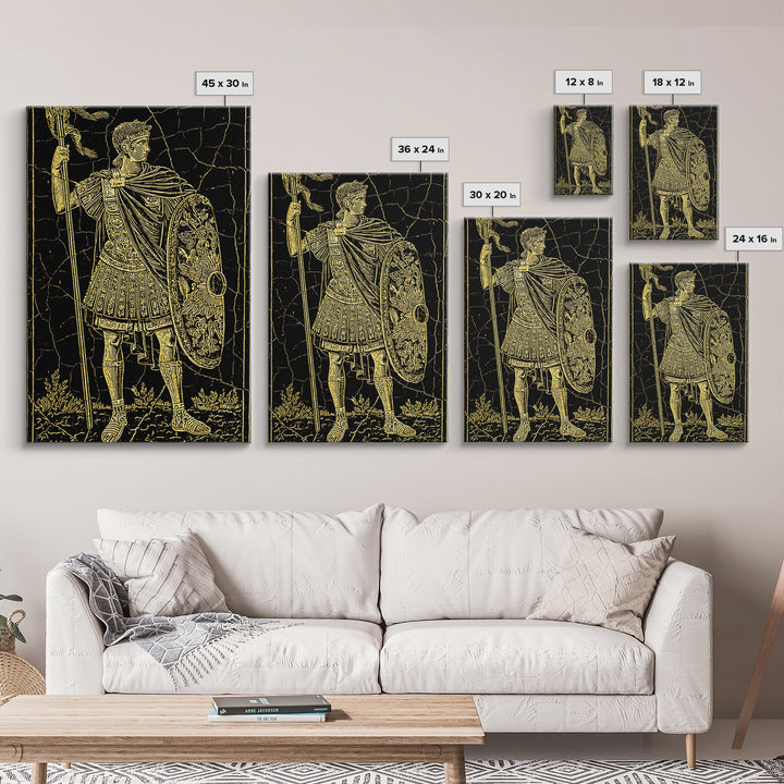 Roman Warrior With Shield, Canvas Gold Canvas Print, Mythology Inspired Wall Art, Real Wood Framed Artwork