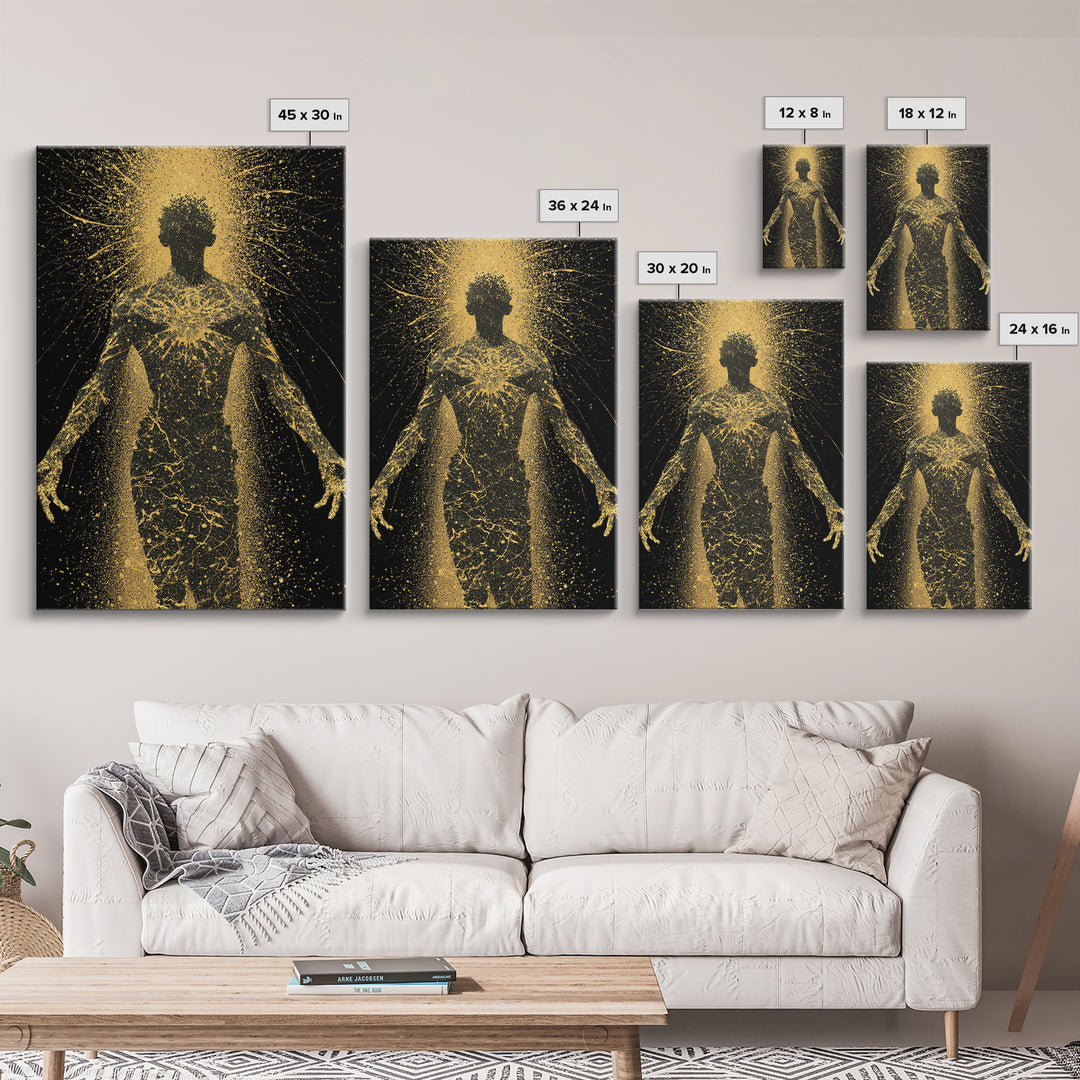 Golden Cosmic Silhouette, Canvas Gold Canvas Print, Abstract Mythology Inspired Wall Decor, Real Wood Frame
