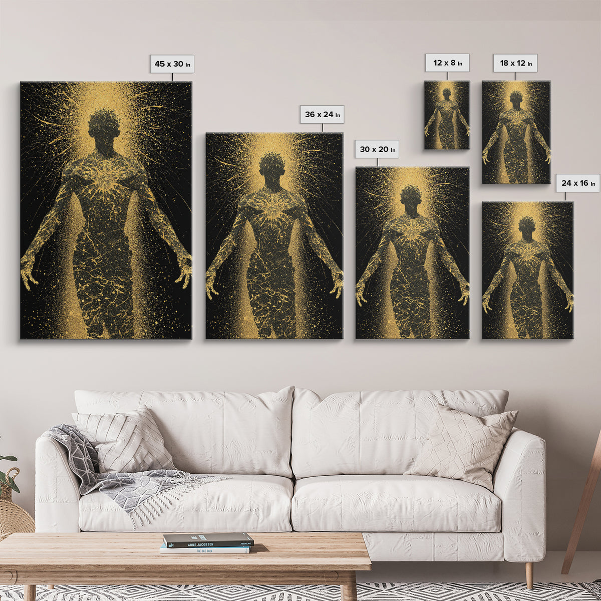 Golden Cosmic Silhouette, Canvas Gold Canvas Print, Abstract Mythology Inspired Wall Decor, Real Wood Frame