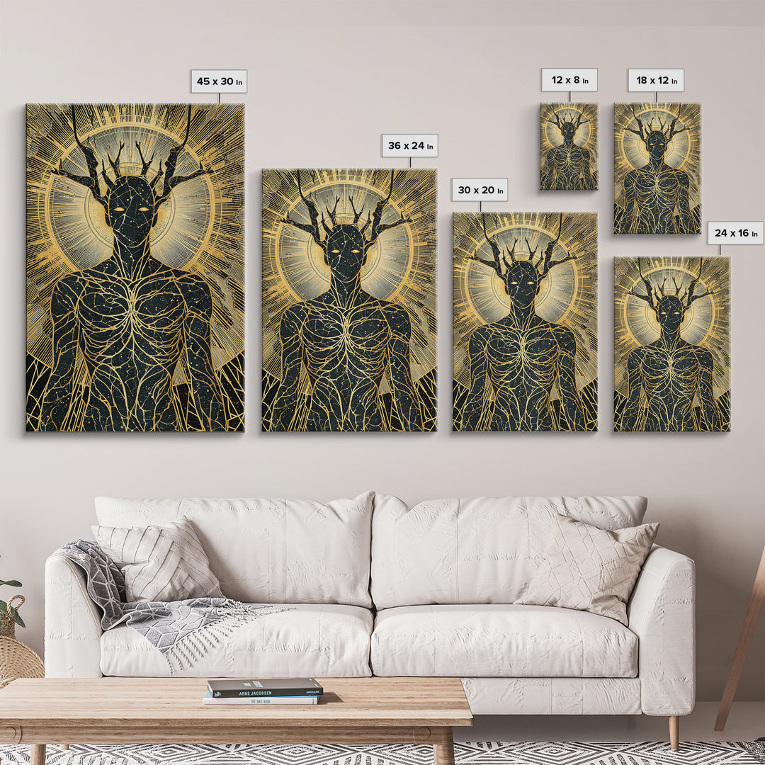 Mythic Antlered Deity, Canvas Gold Canvas Print, Cosmic Inspired Wall Art, Real Wood Frame For Elegant Decor