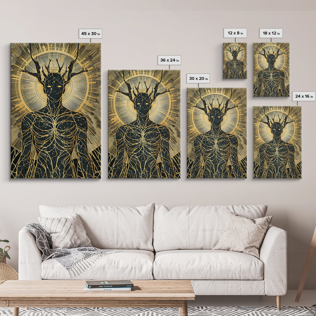 Mythic Antlered Deity, Canvas Gold Canvas Print, Cosmic Inspired Wall Art, Real Wood Frame For Elegant Decor