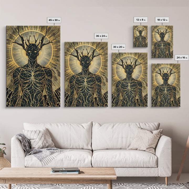 Mythic Antlered Deity, Canvas Gold Canvas Print, Cosmic Inspired Wall Art, Real Wood Frame For Elegant Decor