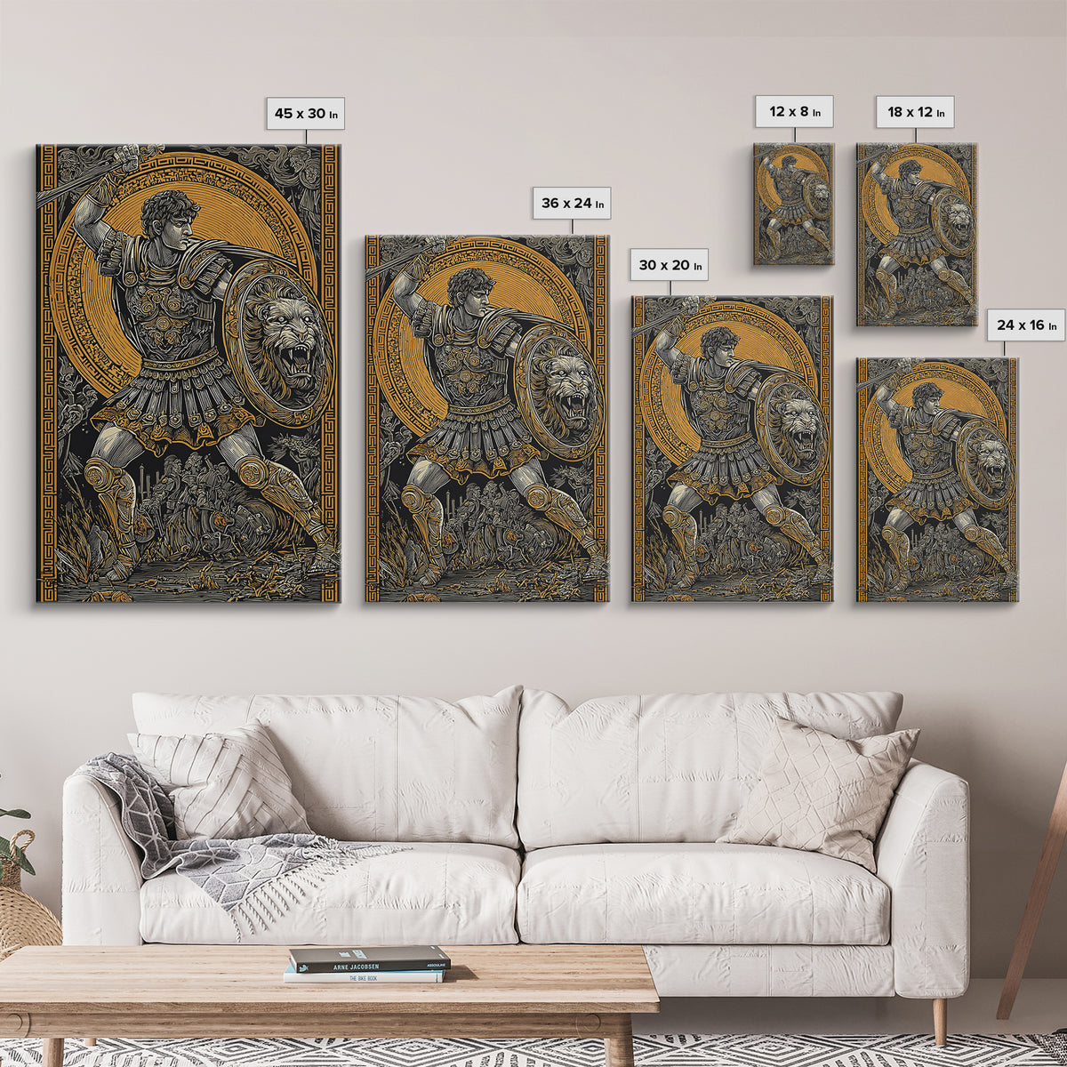 Warrior In Battle Scene, Canvas Gold Canvas Print, Ancient Mythology Inspired Wall Artwork, Real Wood Frame