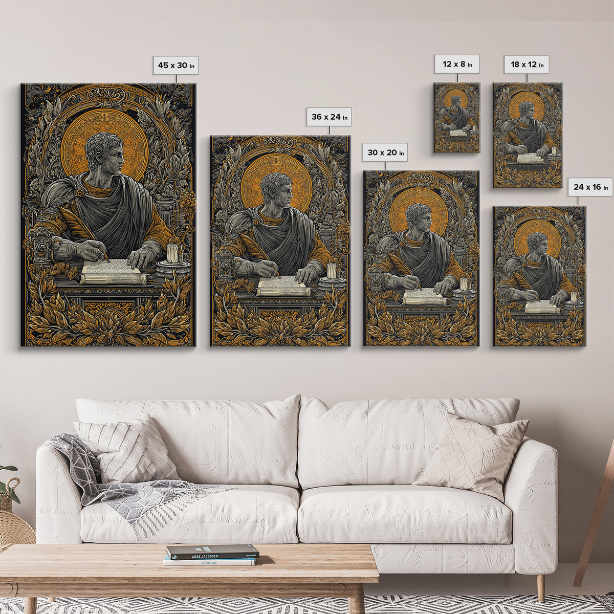 Roman Writer Canvas Gold Canvas Print, Ancient Scholar Wall Art, Mythology Decor, Luxury Canvas Artwork, Real Wood Frame