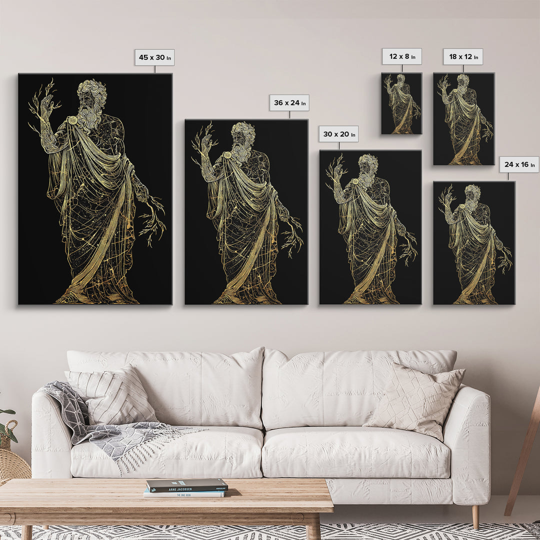 Greek God Canvas Gold Art, Zeus Mythology Wall Print, Lightning Power Decor, Luxury Canvas Artwork, Real Wood Frame
