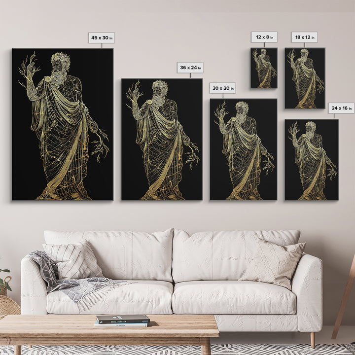Greek God Canvas Gold Art, Zeus Mythology Wall Print, Lightning Power Decor, Luxury Canvas Artwork, Real Wood Frame