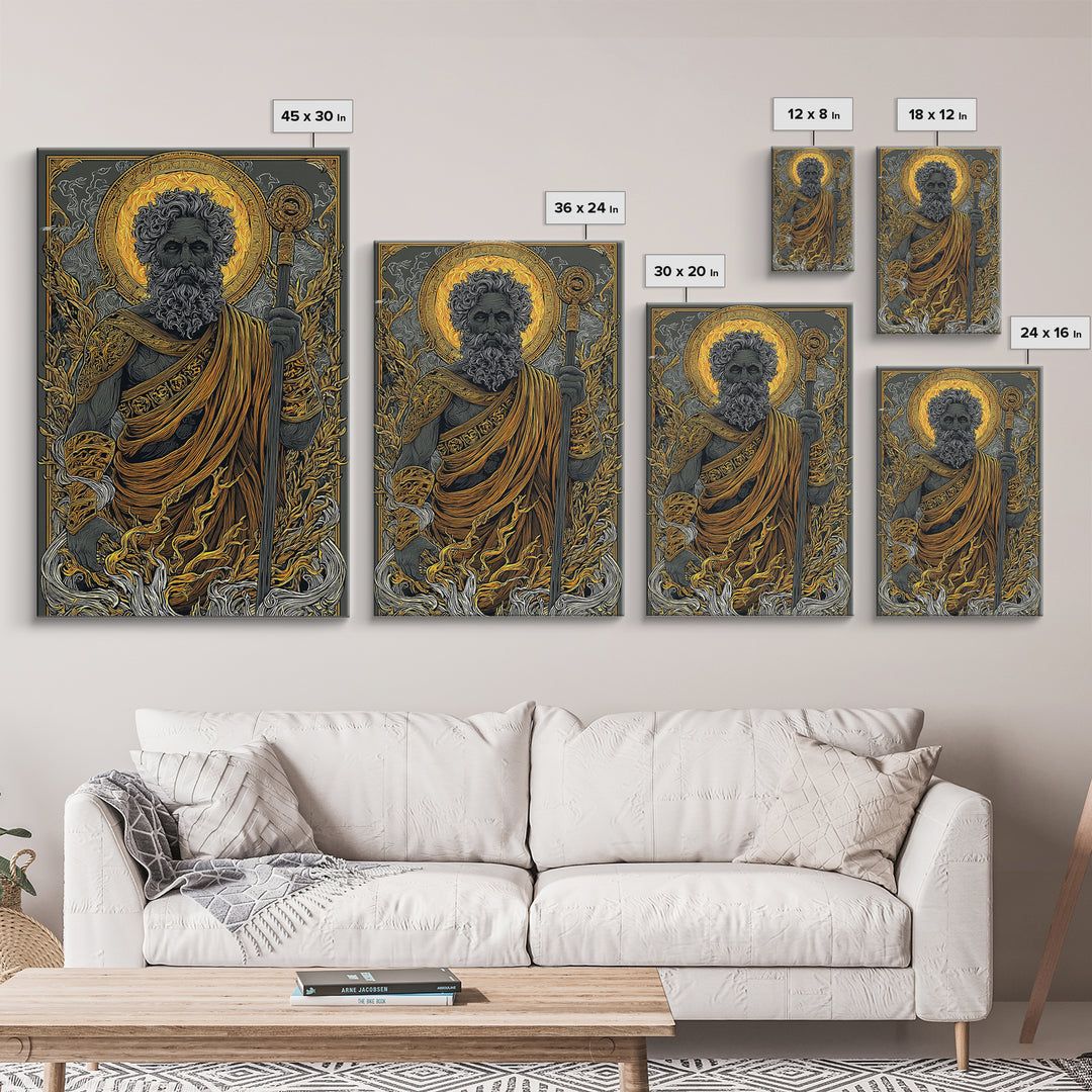 Mythical Elder Canvas Gold Art, Eternal Wisdom Wall Print, Ancient Greek God Decor, Luxury Canvas Artwork, Real Wood Frame