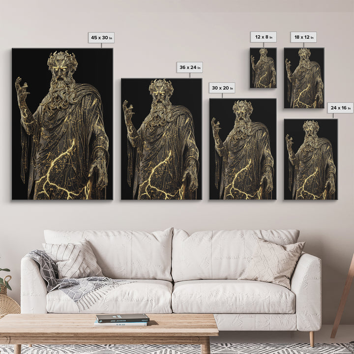 Thunder God Canvas Gold Canvas Print, Zeus Mythology Wall Art, Lightning Power Decor, Luxury Classical Artwork, Real Wood Frame