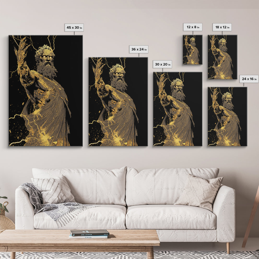 Heavenly Ruler Canvas Gold Canvas Print, Zeus Divine Wall Art, Lightning God Decor, Luxury Mythology Artwork, Real Wood Frame