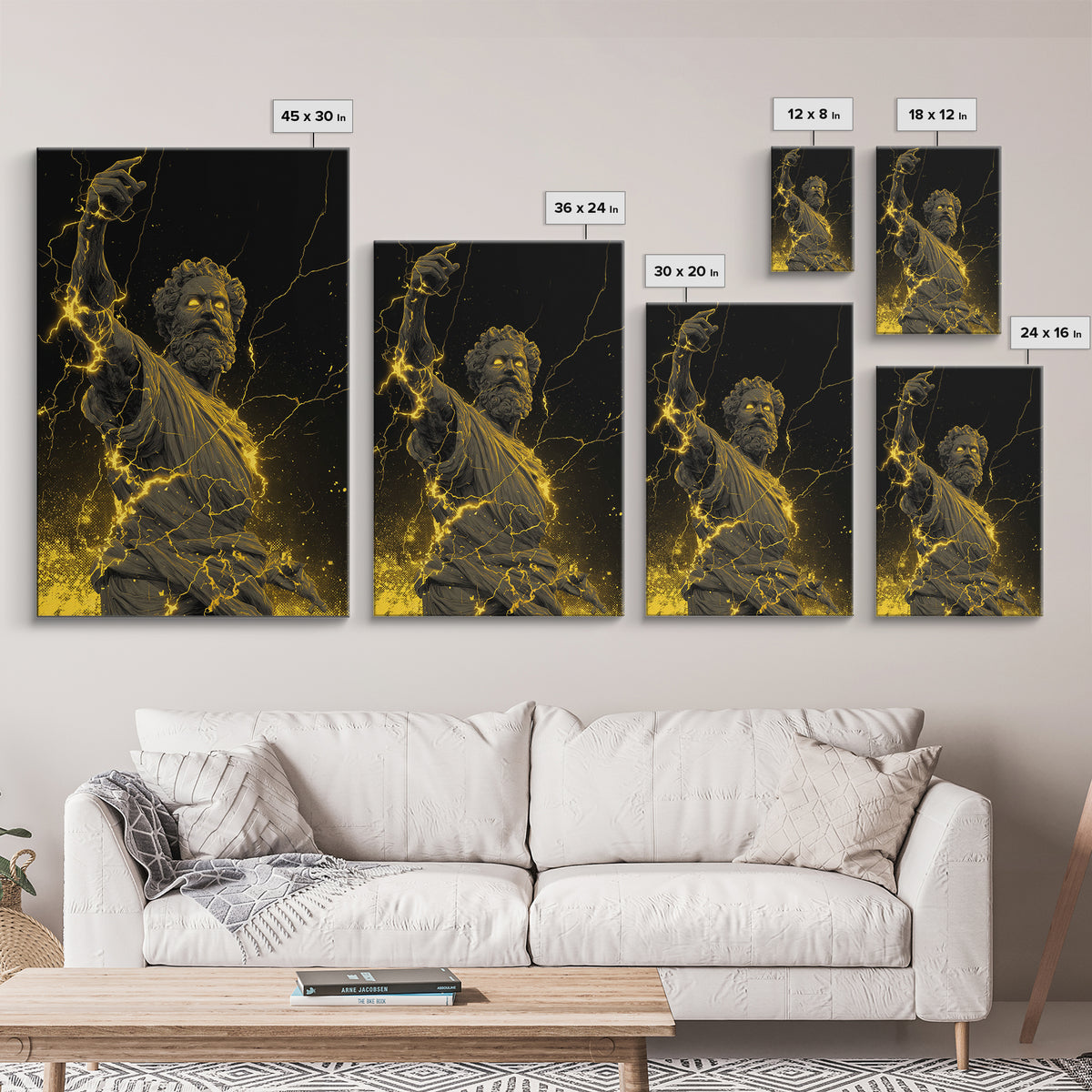 Lightning God Canvas Gold Art, Powerful Zeus Wall Print, Mythology Inspired Decor, Ancient Greek Canvas Artwork, Real Wood Frame
