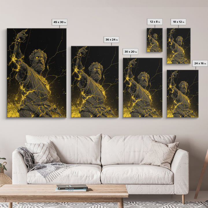 Lightning God Canvas Gold Art, Powerful Zeus Wall Print, Mythology Inspired Decor, Ancient Greek Canvas Artwork, Real Wood Frame