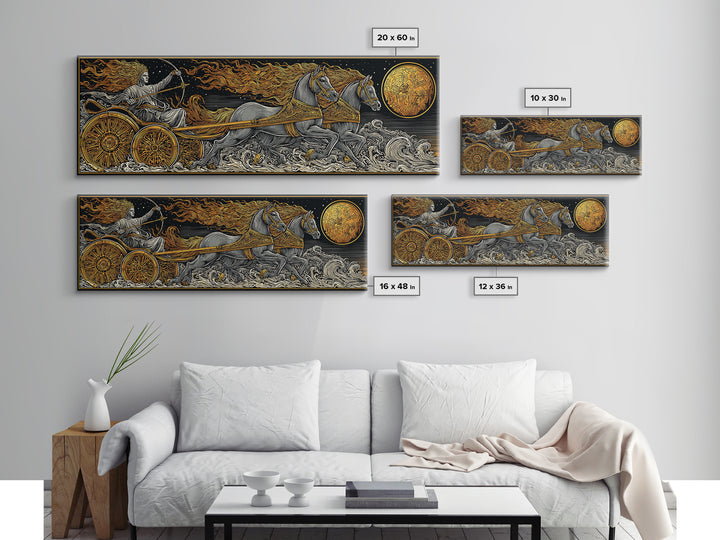 Sun God Chariot, Mythological Horses And Flames Wall Decor, Gold Canvas Print, Real Wood Framed Art