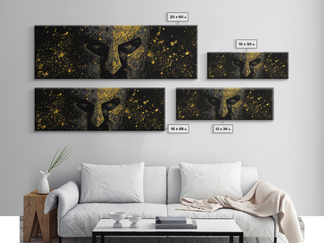 Greek Warrior Face Detail, Spartan Helmet Mythology Decorative Artwork, Gold Canvas Print, Real Wood Frame Ancient Wall Decor
