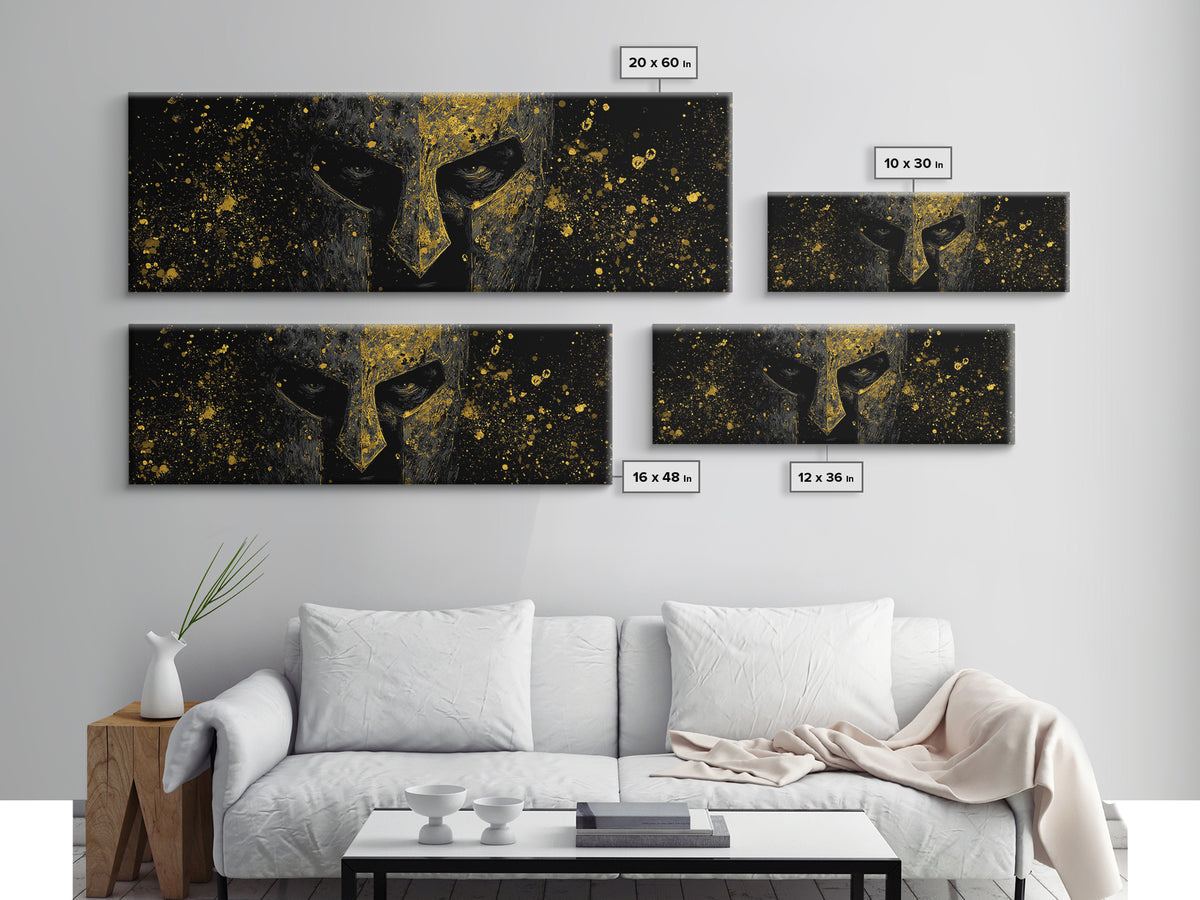 Greek Warrior Face Detail, Spartan Helmet Mythology Decorative Artwork, Gold Canvas Print, Real Wood Frame Ancient Wall Decor