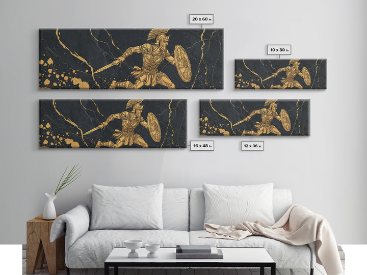 Spartan Warrior With Sword And Shield, Ancient Greek Mythology Wall Decor, Gold Canvas Print, Real Wood Frame