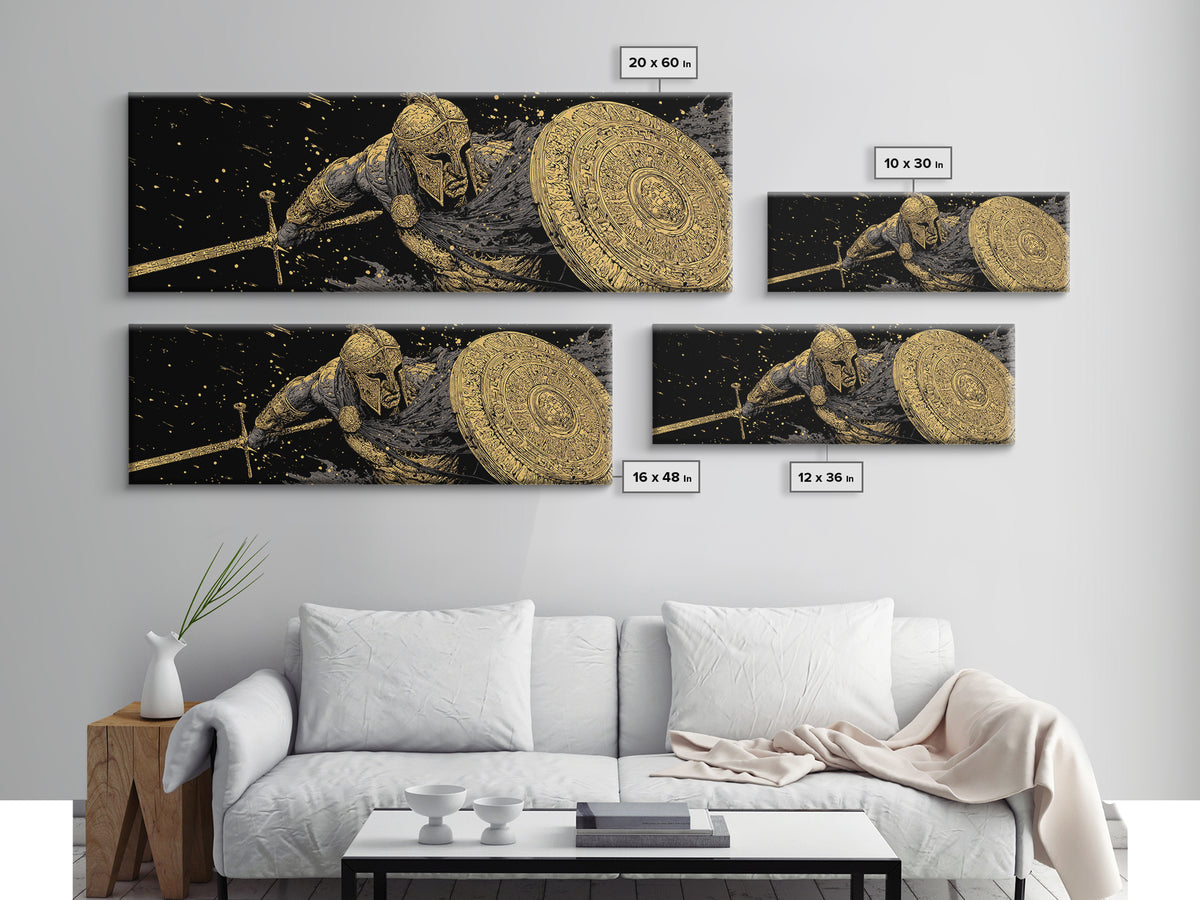 Ornate Spartan Warrior With Shield And Sword, Ancient Battle Scene Artwork, Gold Canvas Print, Real Wood Frame