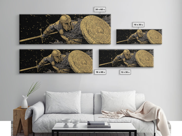 Ornate Spartan Warrior With Shield And Sword, Ancient Battle Scene Artwork, Gold Canvas Print, Real Wood Frame