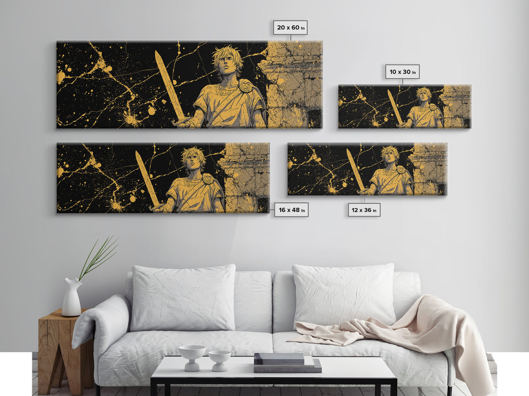 Heroic Young Greek Warrior Standing Tall, Classical Mythology Decorative Wall Art, Gold Canvas Print, Real Wood Frame