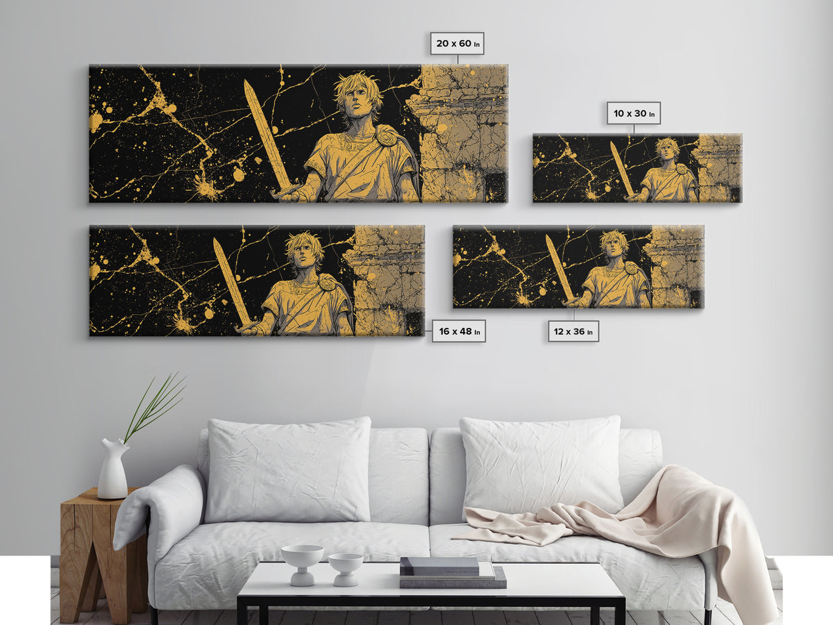 Heroic Young Greek Warrior Standing Tall, Classical Mythology Decorative Wall Art, Gold Canvas Print, Real Wood Frame