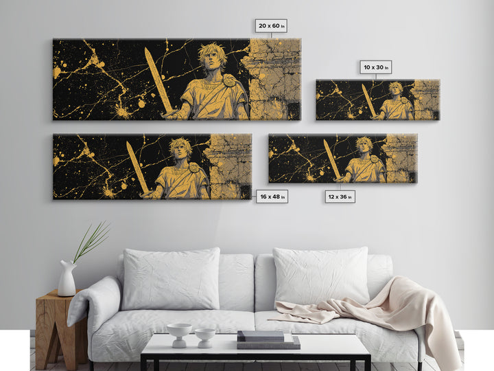 Heroic Young Greek Warrior Standing Tall, Classical Mythology Decorative Wall Art, Gold Canvas Print, Real Wood Frame
