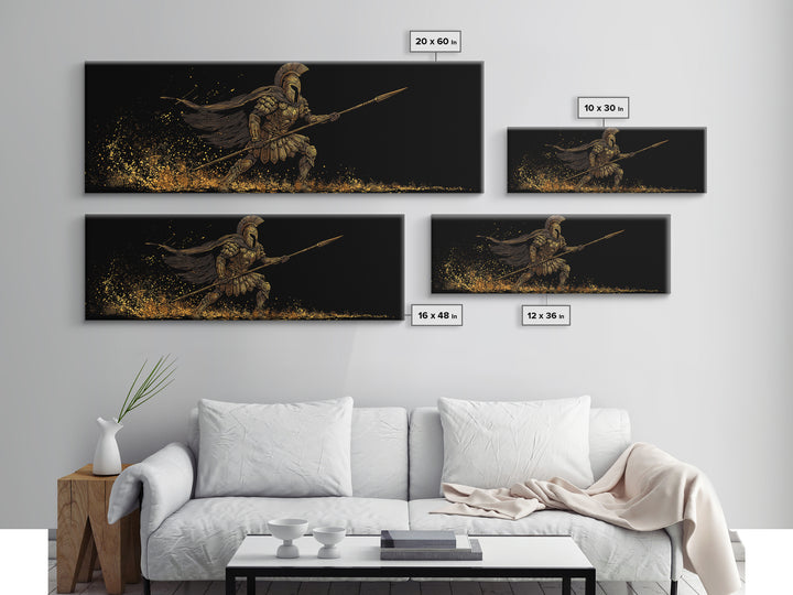 Spartan Warrior With Flowing Cape And Spear, Ancient Greek Mythology Decor, Gold Canvas Print, Real Wood Frame