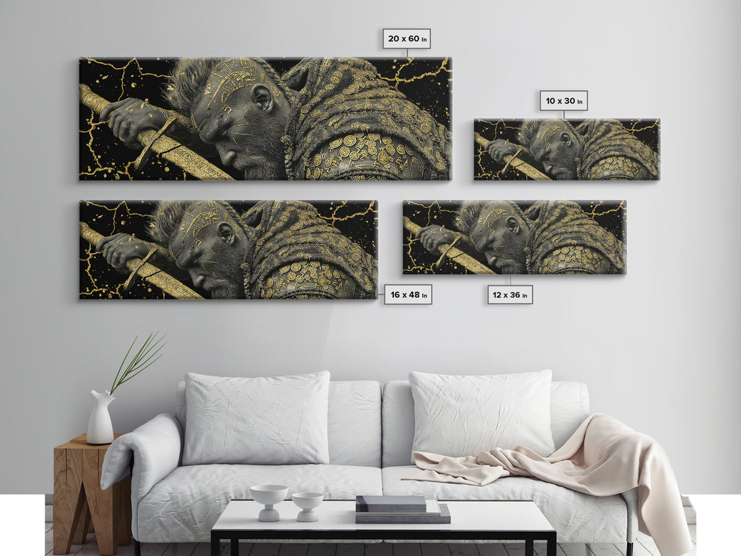 Viking Warrior With Sword And Runes, Mythological Hero Artwork, Gold Canvas Print, Real Wood Frame