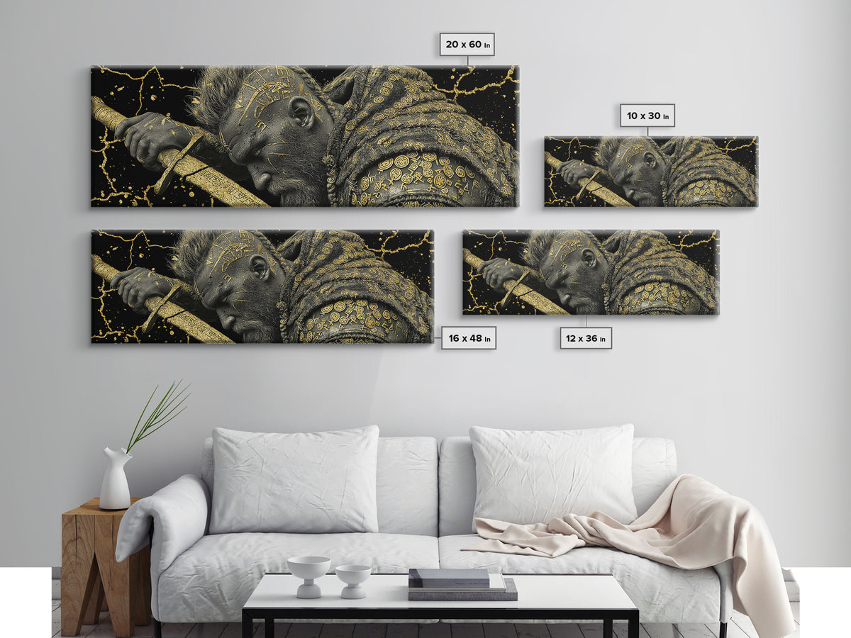 Viking Warrior With Sword And Runes, Mythological Hero Artwork, Gold Canvas Print, Real Wood Frame