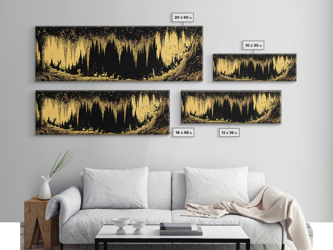 Golden Cave With Stalactites And Figures, Mythological Decorative Wall Art, Gold Canvas Print, Real Wood Frame