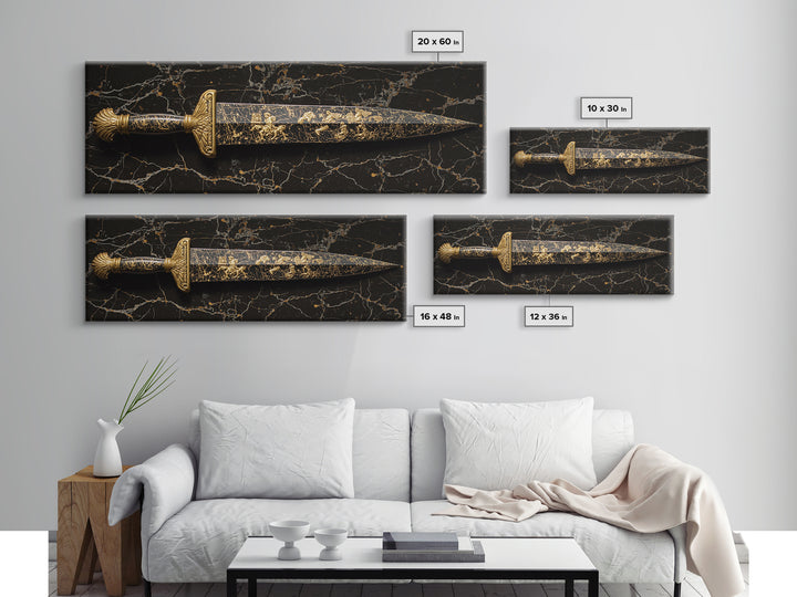 Ancient Greek Sword Engraved With Mythology, Decorative Heroic Weapon Artwork, Gold Canvas Print, Real Wood Frame