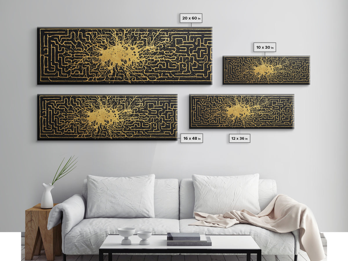 Intricate Labyrinth Pattern Artwork, Mythological Maze Wall Decor, Gold Canvas Print, Real Wood Frame