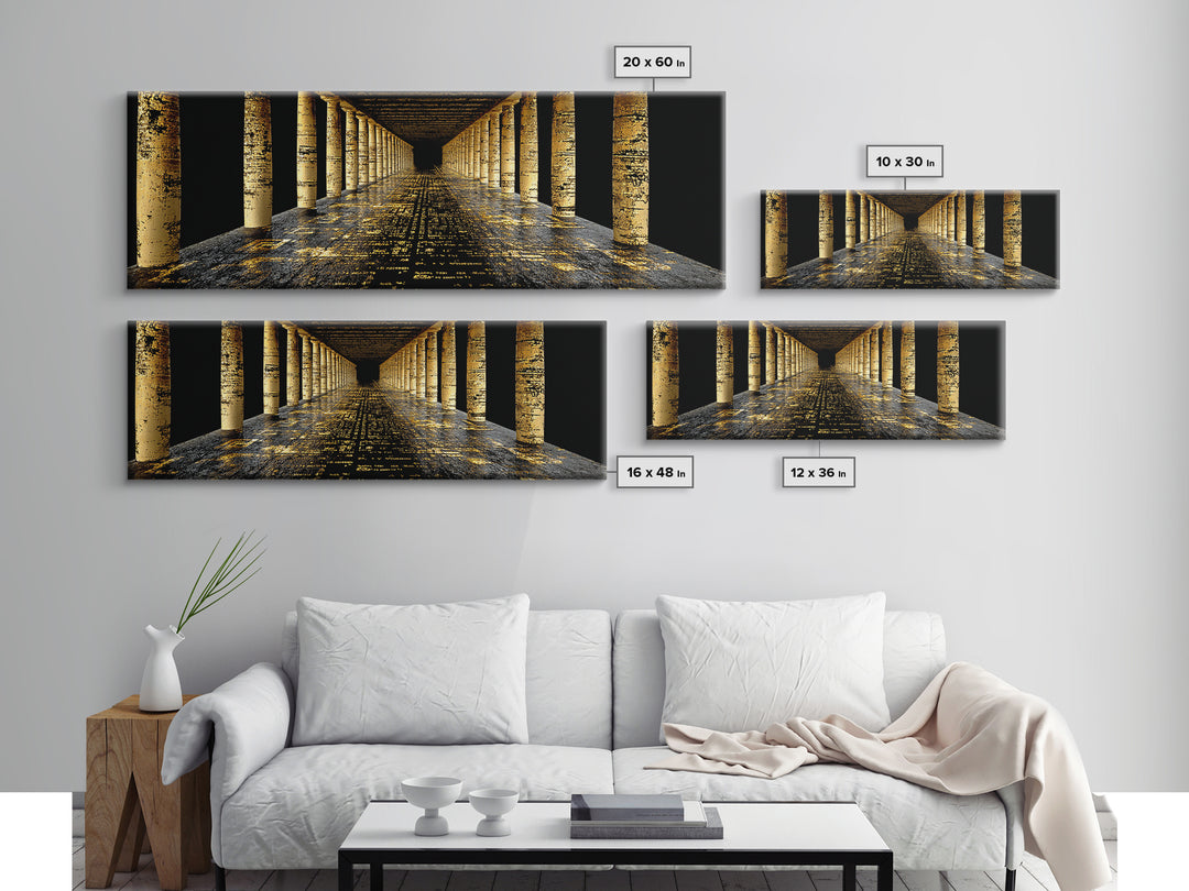 Endless Golden Pillars Corridor, Ancient Greek Architecture Gold Canvas Print, Mythology Wall Art, Real Wood Frame