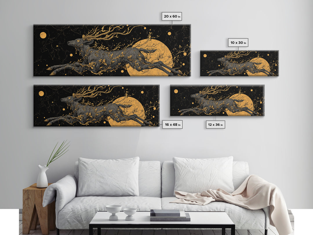 Mythical Stag Running Through Stars, Celestial Deer Artwork, Gold Canvas Print, Real Wood Frame Mythology Art