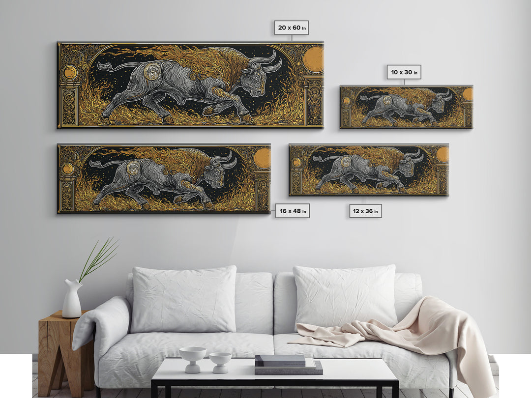 Fiery Bull Of Mythology, Charging Beast Symbol Of Strength, Gold Canvas Print, Real Wood Frame Wall Artwork