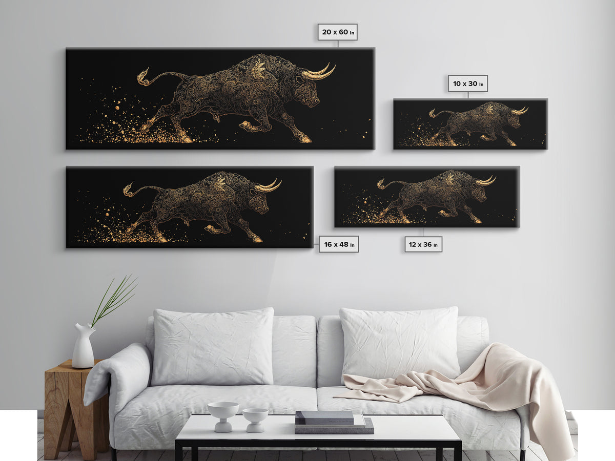 Ornamental Bull In Motion, Intricate Mythological Strength Symbol, Gold Canvas Print, Real Wood Frame Wall Art