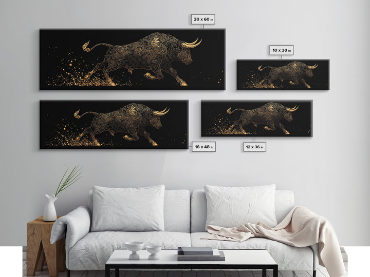 Ornamental Bull In Motion, Intricate Mythological Strength Symbol, Gold Canvas Print, Real Wood Frame Wall Art