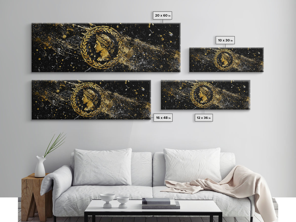 Roman Coin Inspired Portrait, Classical Ancient Empire Wall Artwork, Gold Canvas Print, Real Wood Frame Art