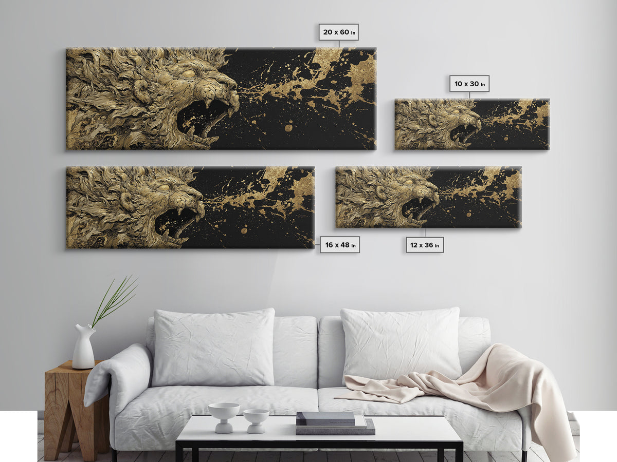 Roaring Lion Of Mythology, Fierce King Of Beasts Ancient Artwork, Gold Canvas Print, Real Wood Frame Wall Decor