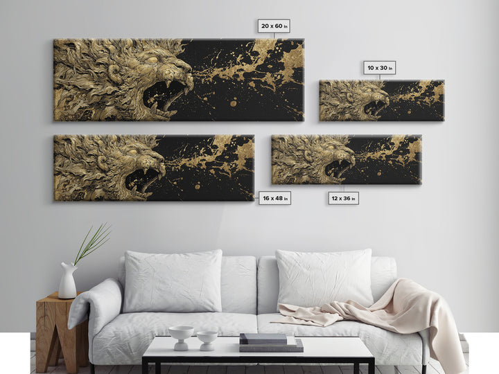 Roaring Lion Of Mythology, Fierce King Of Beasts Ancient Artwork, Gold Canvas Print, Real Wood Frame Wall Decor