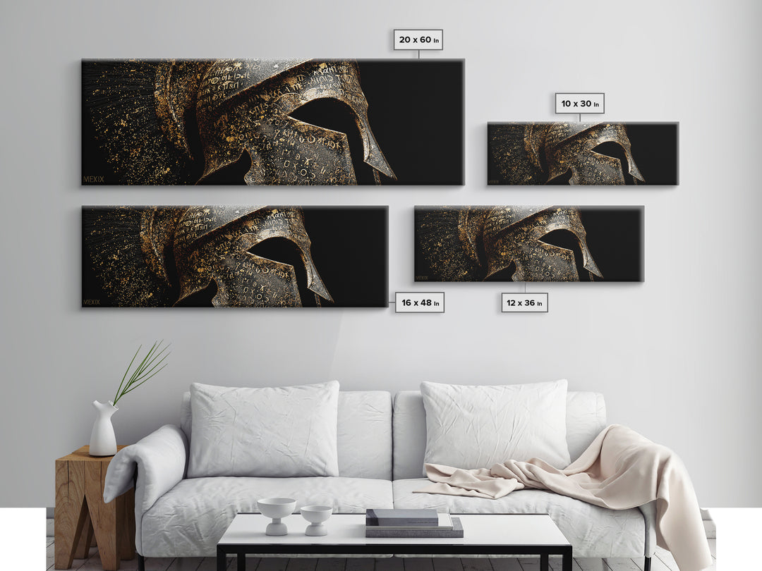Spartan Helmet Close Up, Ancient Greek Warrior Armor Wall Decor, Gold Canvas Print, Real Wood Frame