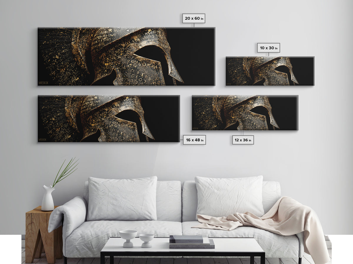 Spartan Helmet Close Up, Ancient Greek Warrior Armor Wall Decor, Gold Canvas Print, Real Wood Frame