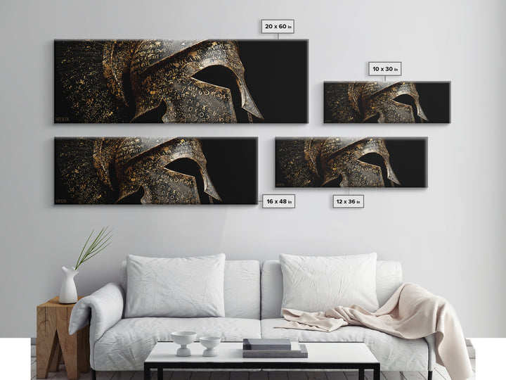Spartan Helmet Close Up, Ancient Greek Warrior Armor Wall Decor, Gold Canvas Print, Real Wood Frame