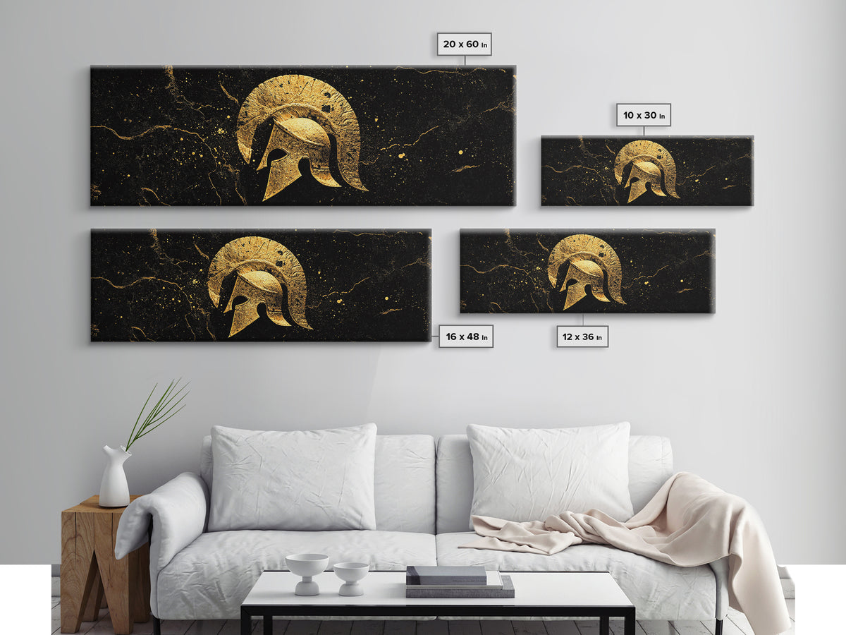 Greek Hoplite Helmet, Ancient Warrior Armor Symbol Wall Artwork, Gold Canvas Print, Real Wood Frame Wall Decor