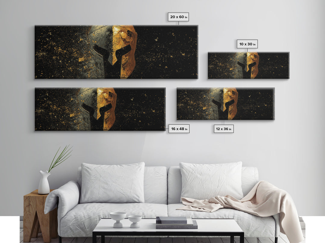 Half Face Spartan Helmet, Ornate Warrior Armor Greek Mythology Artwork, Gold Canvas Print, Real Wood Frame Wall Art