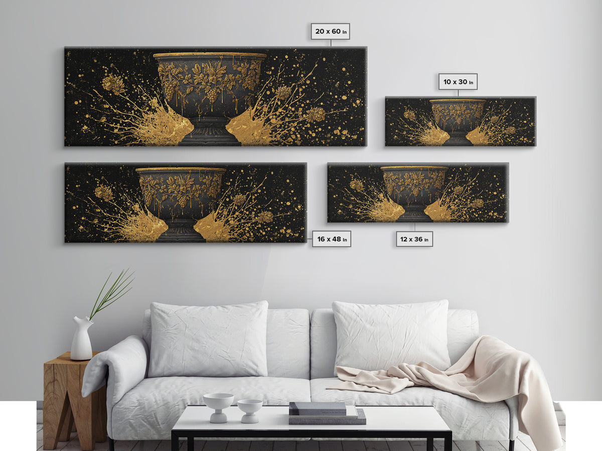 Grapevine Chalice Artwork, Classical Mythological Cup Decorative Wall Design, Gold Canvas Print, Real Wood Frame Wall Art