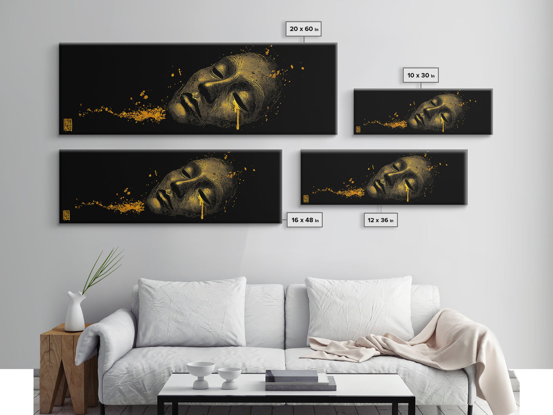 Crying Mask Artwork, Mythological Tragedy Symbol Dramatic Face Wall Design, Gold Canvas Print, Real Wood Frame Wall Art