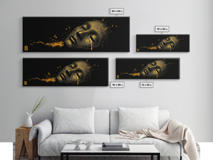 Crying Mask Artwork, Mythological Tragedy Symbol Dramatic Face Wall Design, Gold Canvas Print, Real Wood Frame Wall Art