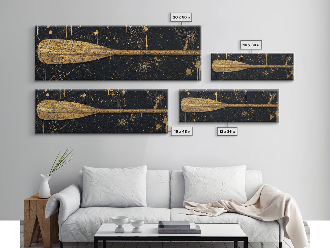 Ancient Oar Artwork, Mythological Paddle With Script Decorative Wall Design, Gold Canvas Print, Real Wood Frame Wall Art