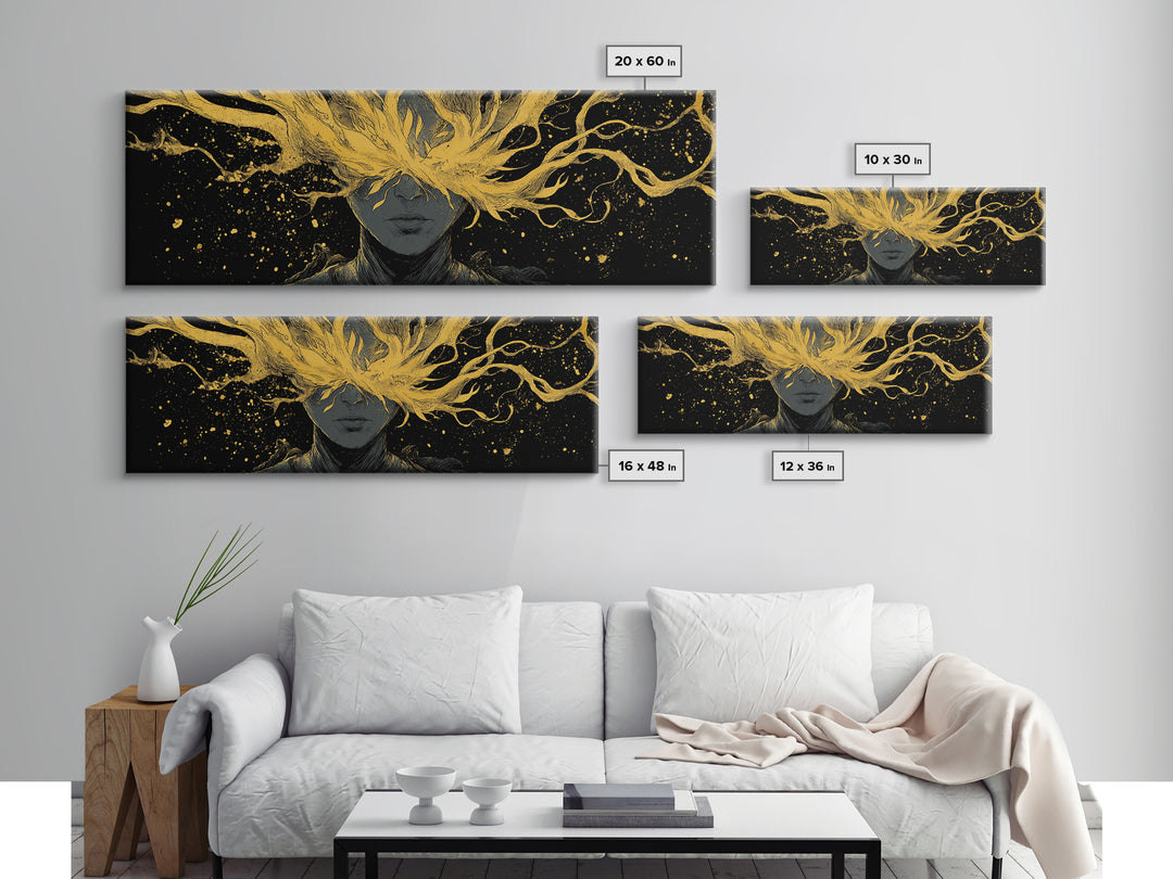 Blinded Mythological Figure, Flowing Fire Vision Symbolic Wall Artwork, Gold Canvas Print, Real Wood Frame Wall Decor