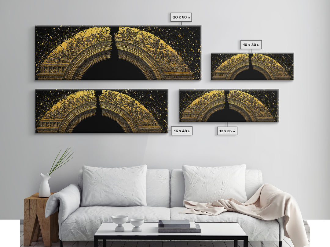 Golden Arch Of Mythology, Classical Greek Relief Sculpture Wall Decor, Gold Canvas Print, Real Wood Frame